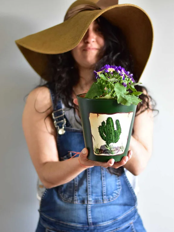 persona sosteniendo maceta cactus con planta