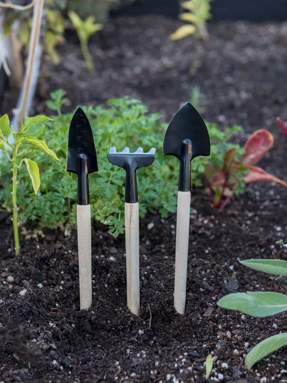 set de 3 herramientas con mango de madera clavadas en la tierra